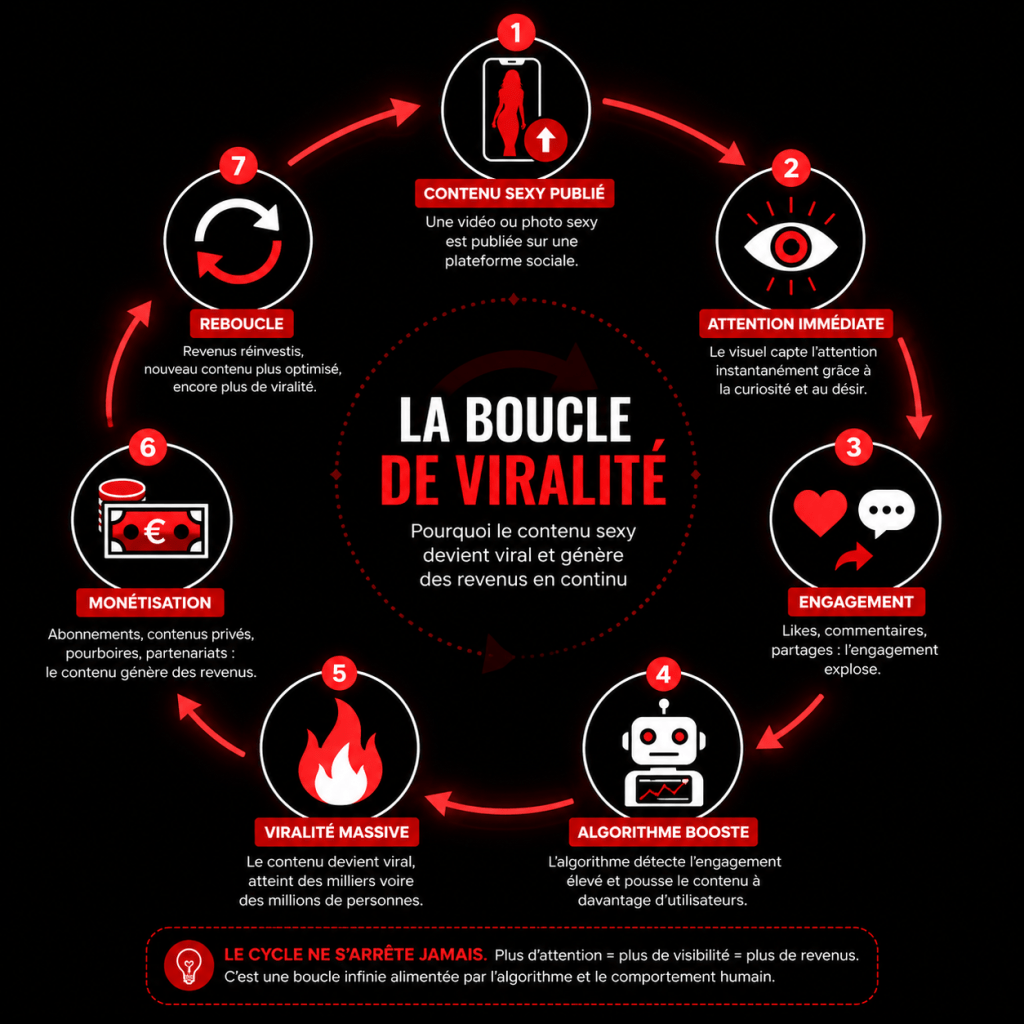 Infographie sur le fonctionnement du contenu viral sexy et son impact sur les réseaux sociaux